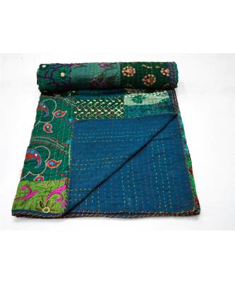 Kantha Quilt Queen Cotton Vintage Throw Blanket Multi Design Indian Handmade GDR0615 1
