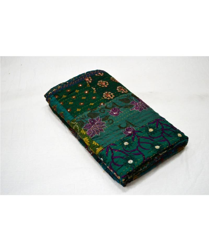 Kantha Quilt Queen Cotton Vintage Throw Blanket Multi Design Indian Handmade GDR0615