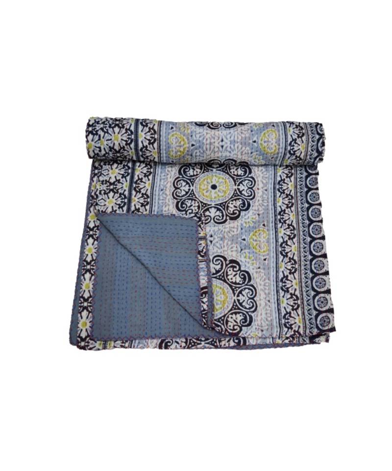 Kantha Quilt Queen Cotton Vintage Throw Blanket Multi Design Indian Handmade GDR0617