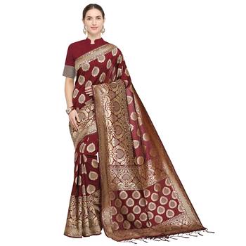 Maroon woven cotton silk saree with blouse 1
