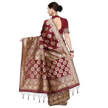 Maroon woven cotton silk saree with blouse 3