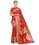 Red woven cotton silk saree with blouse