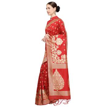 Red woven cotton silk saree with blouse 2