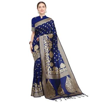 Navy blue woven cotton silk saree with blouse 1