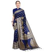 Navy blue woven cotton silk saree with blouse