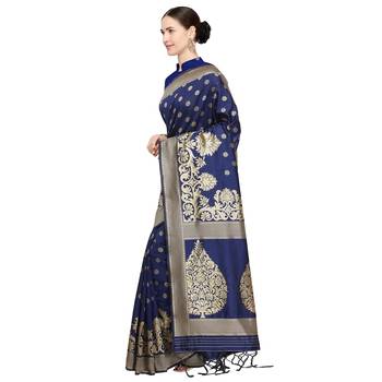 Navy blue woven cotton silk saree with blouse 2