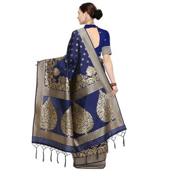 Navy blue woven cotton silk saree with blouse 3