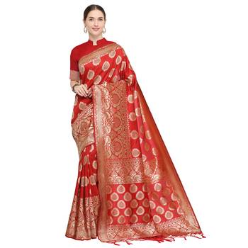 Red woven cotton silk saree with blouse 1
