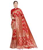 Red woven cotton silk saree with blouse