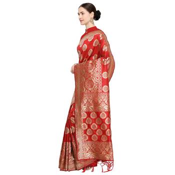 Red woven cotton silk saree with blouse 2