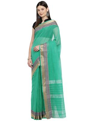 Green woven polycotton saree with blouse 1