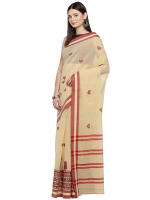 Beige woven polycotton saree with blouse 1