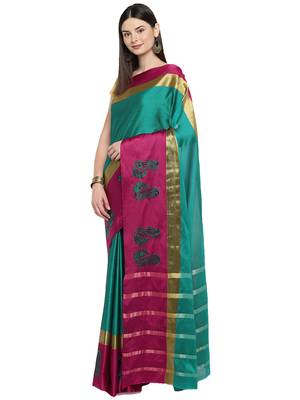 Green woven polycotton saree with blouse 1
