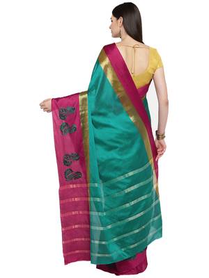 Green woven polycotton saree with blouse 2