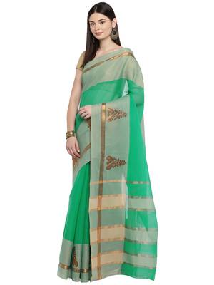 Green woven polycotton saree with blouse 1