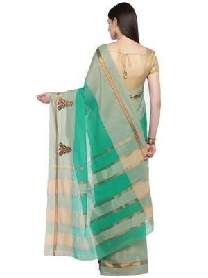 Green woven polycotton saree with blouse 2