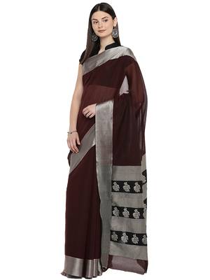 Brown woven polycotton saree with blouse 1