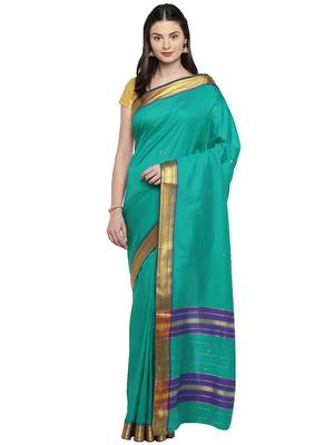 Green woven poly silk saree with blouse 1