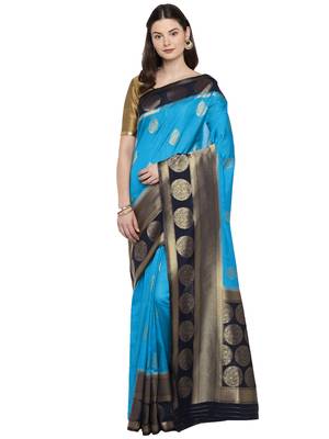 Blue woven poly silk saree with blouse 1