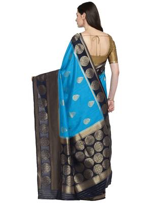 Blue woven poly silk saree with blouse 2