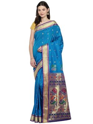 Blue woven art silk saree with blouse 1