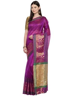 Purple woven polycotton saree with blouse 1