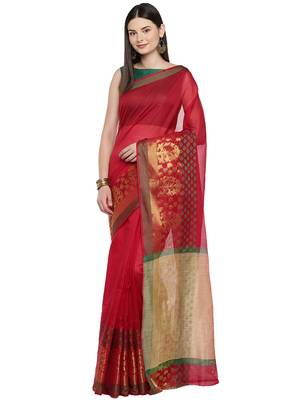 Red woven polycotton saree with blouse 1