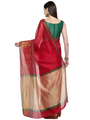 Red woven polycotton saree with blouse 2