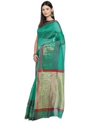 Green woven polycotton saree with blouse 1