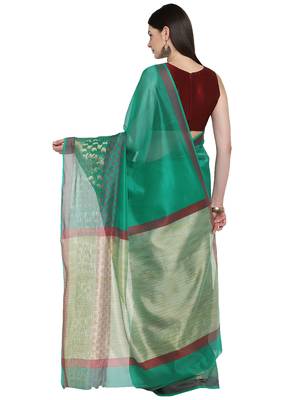 Green woven polycotton saree with blouse 2