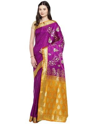 Purple embroidered satin saree with blouse 1
