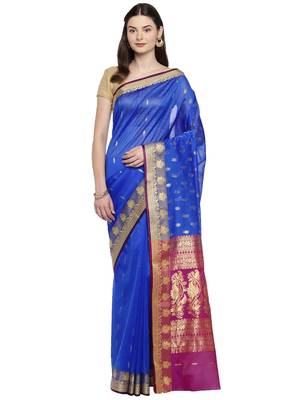 Blue woven poly silk saree with blouse 1