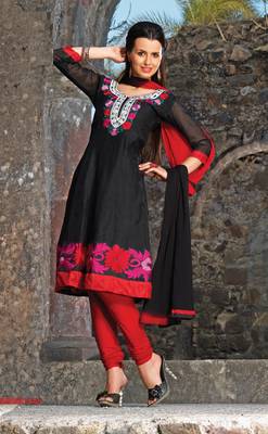black embroidered semi stitched ethnic-suits with maching dupatta 1