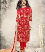Red Embroidered Georgette semi stitched Long Suits