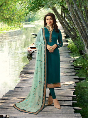 Turquoise Embroidered Satin Silk Semi stitched Straight Suit 1