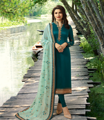 Turquoise Embroidered Satin Silk Semi stitched Straight Suit