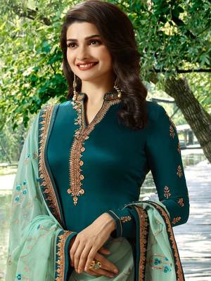 Turquoise Embroidered Satin Silk Semi stitched Straight Suit 2