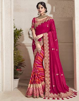 Pink embroidered silk blend saree with blouse 1