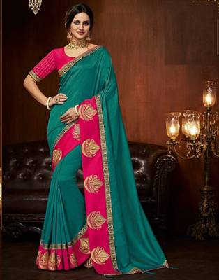 Green embroidered silk blend saree with blouse 1