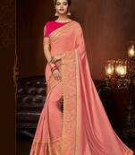 Peach embroidered silk blend saree with blouse