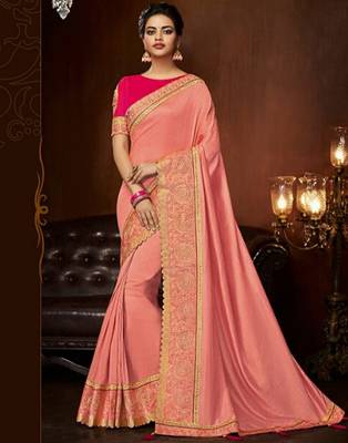 Peach embroidered silk blend saree with blouse 2