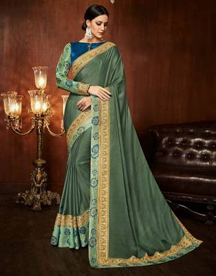 Green embroidered silk blend saree with blouse 2