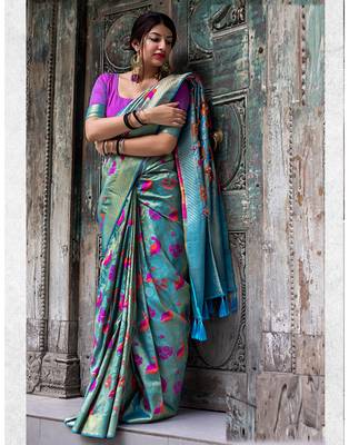 Blue woven silk blend saree with blouse 1