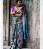 Blue woven silk blend saree with blouse