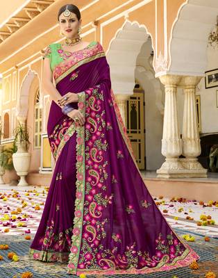 Wine embroidered silk blend saree with blouse 1