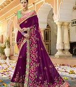 Wine embroidered silk blend saree with blouse