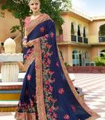 Navy blue embroidered silk blend saree with blouse