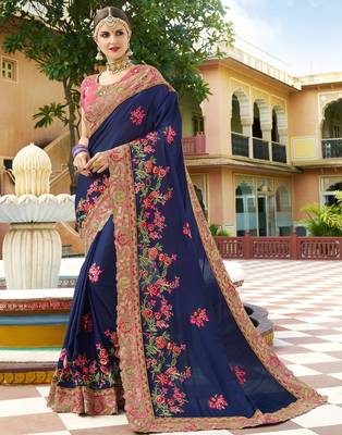 Navy blue embroidered silk blend saree with blouse 2