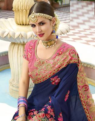 Navy blue embroidered silk blend saree with blouse 3
