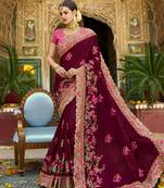 Maroon embroidered silk blend saree with blouse